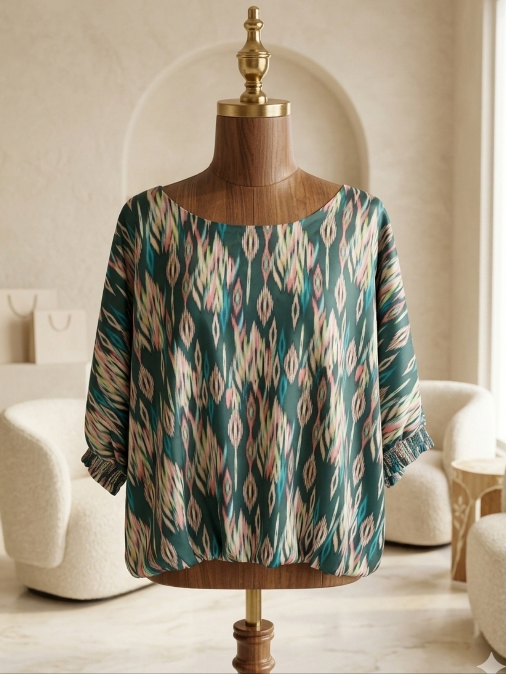 Deep Green Geometric Silky Cropped Blouse | Democracy | Med